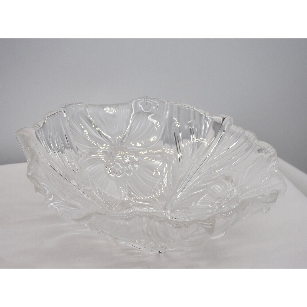Vintage Clear Crystal Glass Bowl - Frosted Lili Flowers Embossed.‎